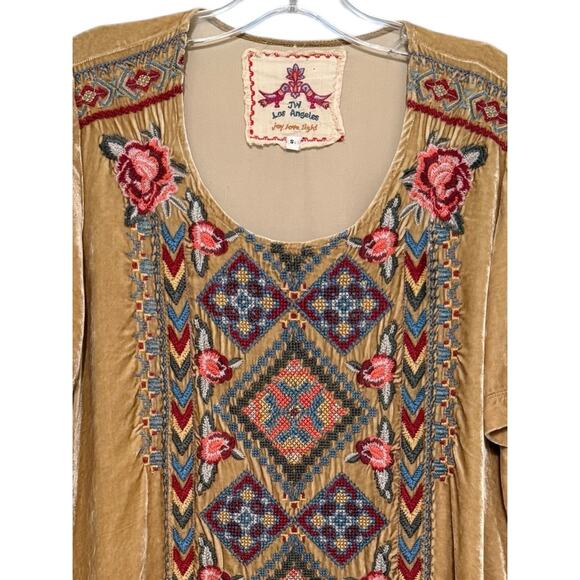Johnny Was Tan Velour Embroidered Boho Top Multicolor Floral Pattern Tunic Top S - Picture 6 of 7